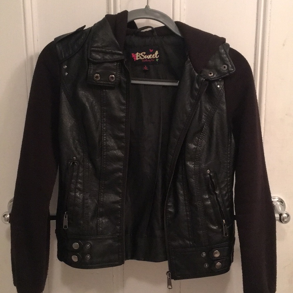 Hooded faux leather jacket with fleece sleeves